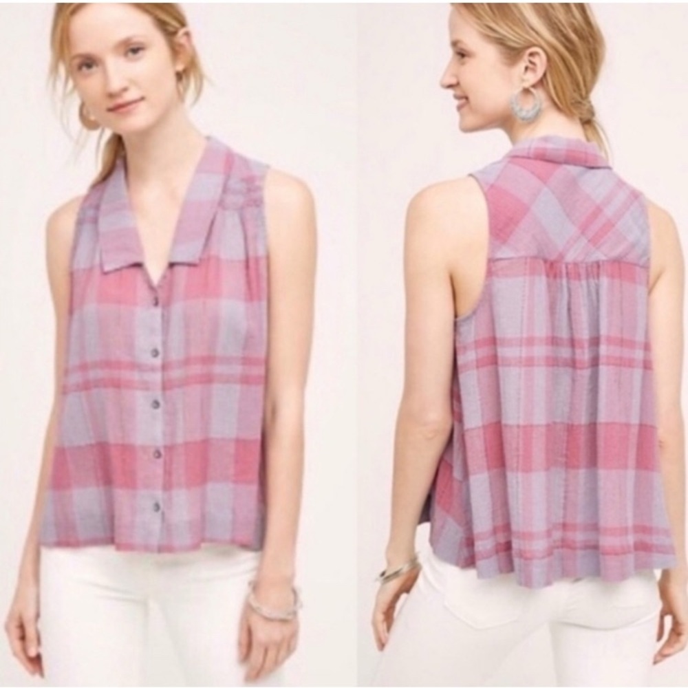 ANTHROPOLOGIE HOLDING HORSES PURPLE BLUE PLAID SWING MIDI LIGHT COUNTRY TANK TOP
